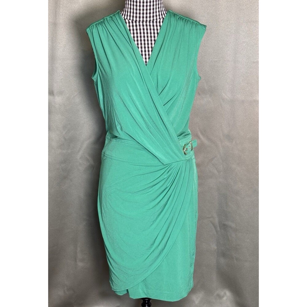 Cache Vintage Bodycon Dress Size 6 Green Faux Wrap Gold Buckle Detail PERFECT!